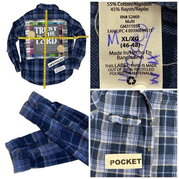Christian Religious Flannel Shirt Womens 1X Shacket Upcycled Art Cottage Blue - Picture 6 of 16